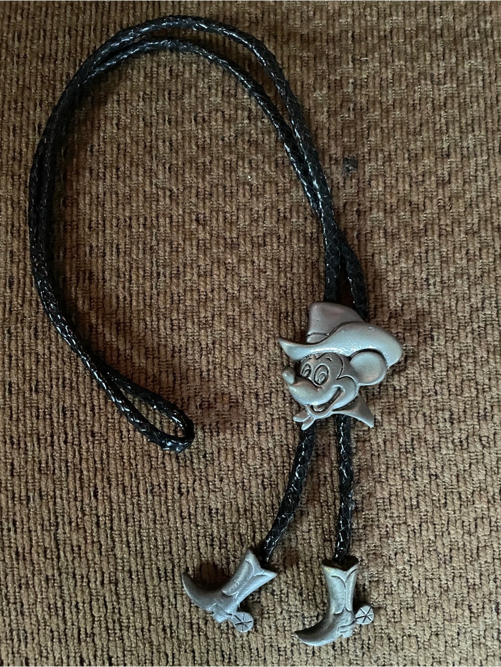 Western Mickey Mouse Bolo Tie in Pewter. Vintage